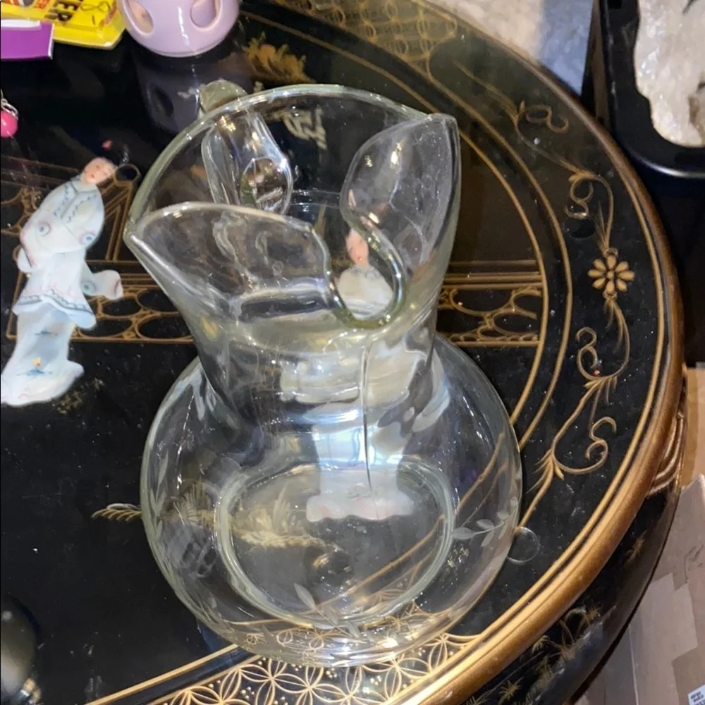 Elegant Clear Glass Pitcher with Floral Design 10 1/2” tall